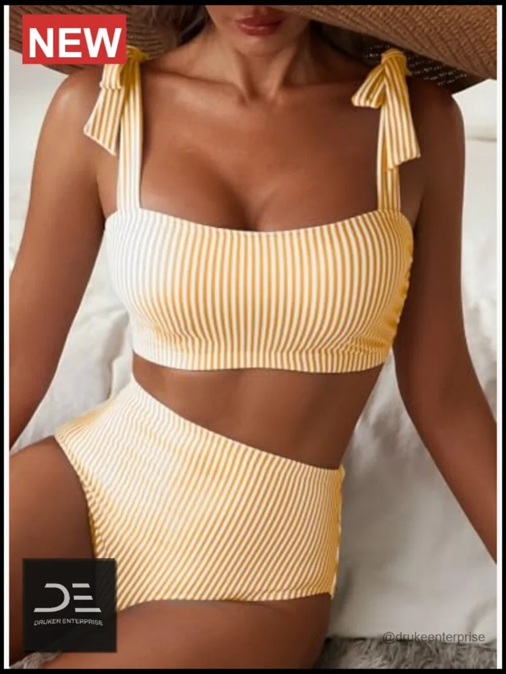 Two Piece Striped High Waisted Bikini Set with Tie Shoulders